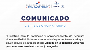Oficina del IFARHU en Guna Yala estará cerrada el 5 de agosto